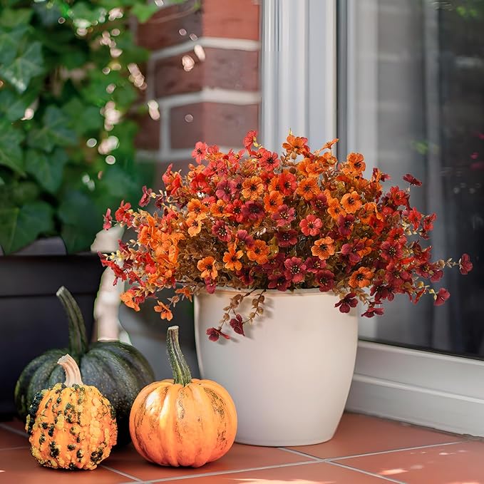 Artificial Fake Fall Hanging Plants Flowers Basket, Faux Silk Daisy in Planter Realistic UV Resistant for Outside Home Patio Balcony Yard Autumn Outdoor Decoration (Orange Brown Red)