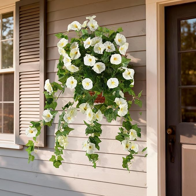 Homsunny Artificial Fake Flowers Plants for Outdoor Decoration, 2PCS Faux Petunias Silk Flower UV Resistant No Fade for Home Outside Garden Balcony Yard Porch Realistic Indoor Decor (White)