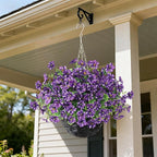 GLIDLION Artificial Flower & Eucalyptus with Hanging Basket - 2PCS Faux UV Sun Resistant Morning Glory in Planter, Fake Colorful Silk Flowers for Spring Summer Porch Patio Balcony Yard Decor (Purple)