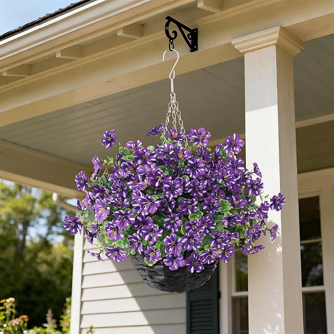 GLIDLION Artificial Flower & Eucalyptus with Hanging Basket - 2PCS Faux UV Sun Resistant Morning Glory in Planter, Fake Colorful Silk Flowers for Spring Summer Porch Patio Balcony Yard Decor (Purple)