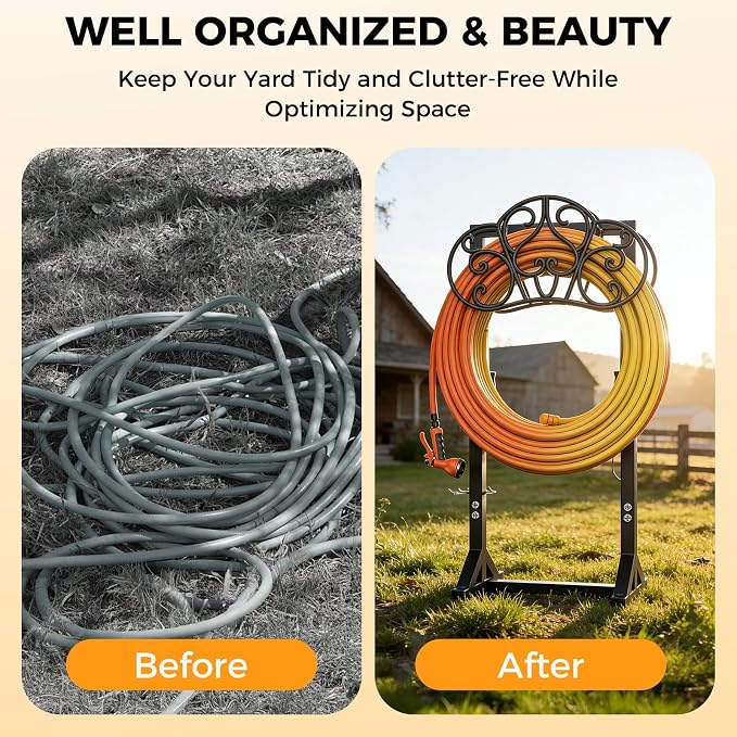 Garden Hose Holder Heavy-Duty Freestanding Water Hose Holder Holds 160Ft Hoses with 2 Tool Hooks, Rustproof Freestanding Hose Stand with 4 Spikes Hose Hanger Storage Rack for Outside, Yard, Lawn
