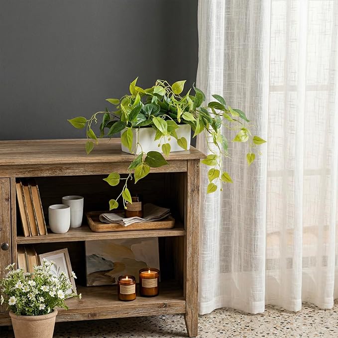 MyGift Vibrant Lifelike Artificial Plant Pothos Leafy Vine Greenery in White Concrete Rectangular Planter Box