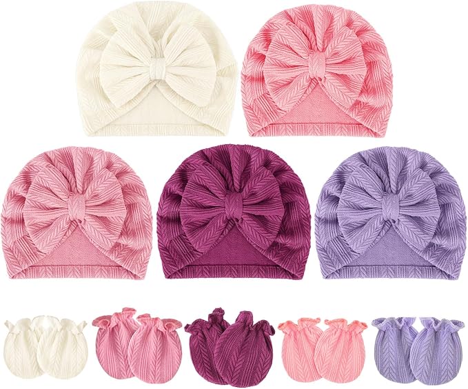 BQUBO Baby Turban Hats and Mittens Set Newborn Infant Hospital Hats Caps with Bows for Baby Boys Girls 0-12 Months