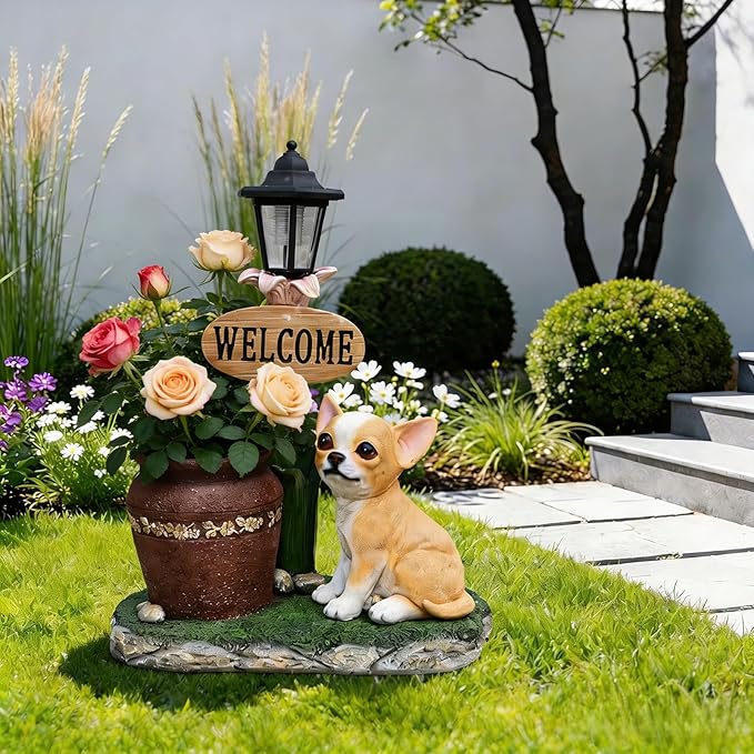 Animal Outdoor Statue Planter Solar Light Welcome Garden Sculpture Resin Flower Pot Decorative Porch Patio Yard Lawn Entryway Figurine with LED Lamp Rustic Plant Holder Ornament Courtyard (P)