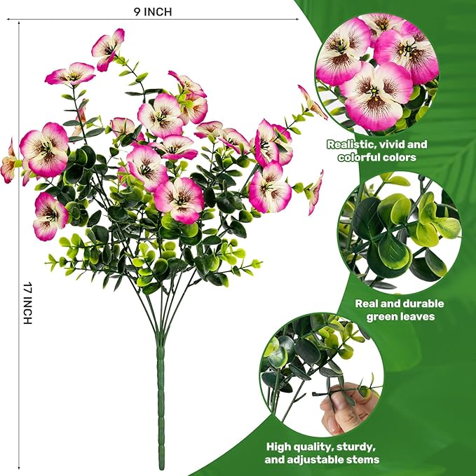 17 Inch Artificial Faux Pansy Flowers for Outdoor,Fake Pansies Flowers with Eucalyptus Leaves Fake Plants Greenery Boxwood Porch Patio Decor 6 Bundles(Light Purple,Rose White,Rose Red)