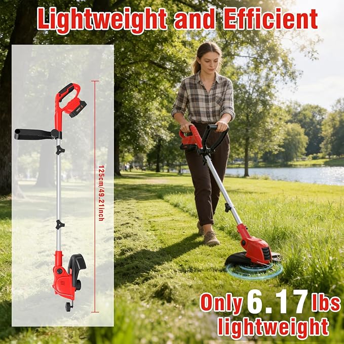 21V Cordless String Trimmer & Edger, 12" Auto-Feed Grass Cutter with 2.0Ah Battery & Fast Charger, 2-in-1 Electric Weed Wacker Lawn Tool for Yard Garden Maintenance-Red
