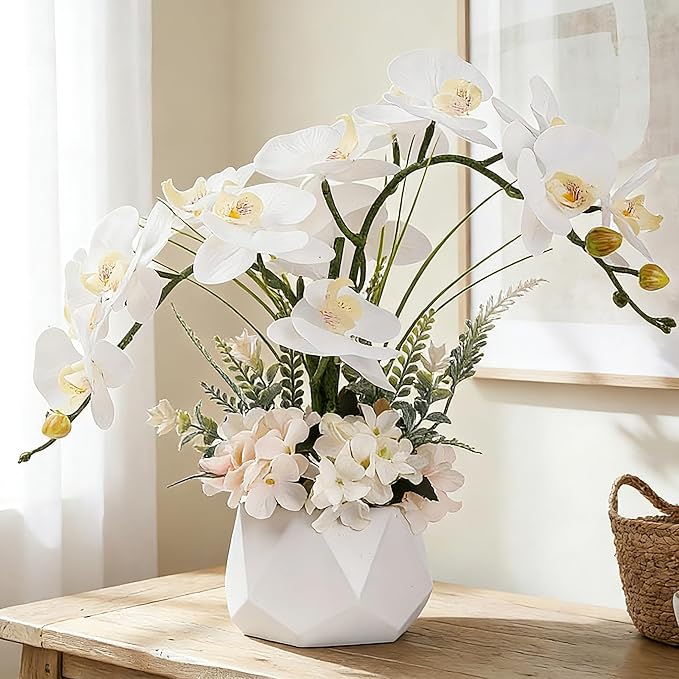 LESING Artificial Potted Orchid Flower for Table Centerpieces,Real Touch White Fake Orchid Flowers in Vase for Home Decoration ﻿(Style 2,White Vase)
