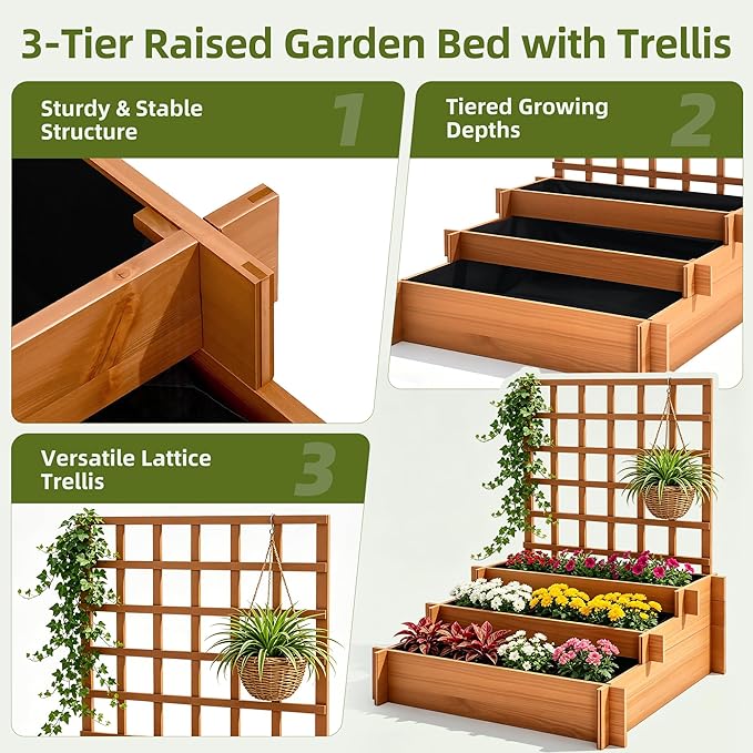 3-Tier Raised Garden Bed with Trellis, 43.3" H Fir Wood Planter Box with Non-Woven Liner, Vertical Climbing Plant Support for Patio Yard, Outdoor Grow Beds for Flowers Herbs Vegetables Fruits