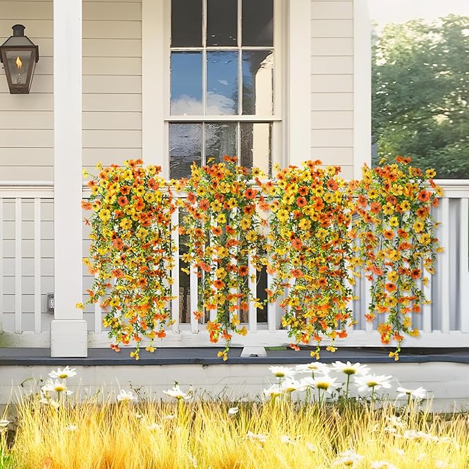 Artificial Hanging Flowers Plants for Outdoor Spring Summer Decoration,2PCS Faux Silk Daisy UV Resistant Look Real for Outside Home Indoor Planter Porch Garden Yard Decor(Yellow Orange)