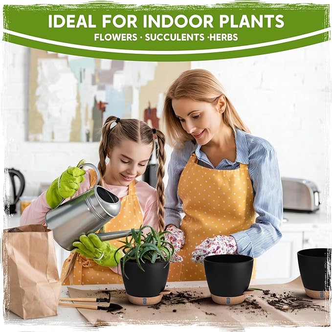Self Watering Pots for Indoor Plants (5/5.5/6/6.5/8 Inch), Terra Cotta Planters with Water Level Indicator & Drainage,Wicking Pots for Monstera, Herbs & Snake Plant (Black, 5/5.5/6/6.5/8 Inch)