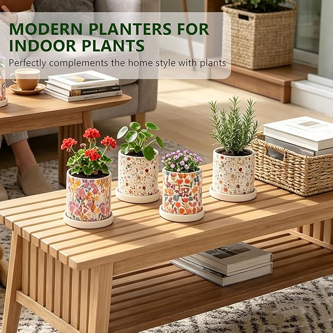 3Pcs Floral Ceramic Planters with Drainage Holes & Saucers, Modern Indoor/Outdoor Pots for Succulent, Cactus, Snake Plant, Home & Garden Decor