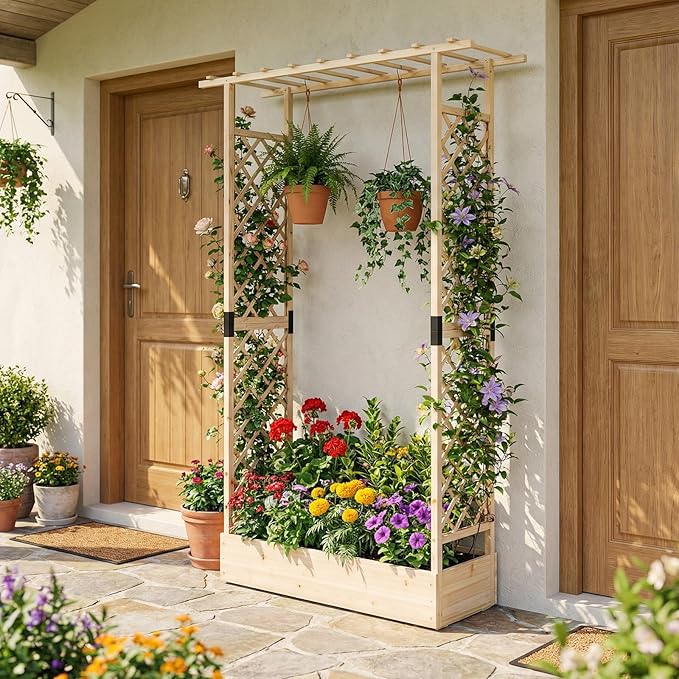 BECOMFORT Raised Garden Bed with Trellis & Hanging Roof, 89" Tall Fir Wood Planter Box with Drainage Holes, Outdoor Elevated Garden Planter for Climbing Vines, Perfect for Patio, Lawn & Backyard