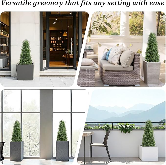 Artificial Cedar Topiary Trees Set of 2, 36'' UV Resistant Faux Cypress Pine Plants Outdoor, 3ft Large Realistic Faux Evergreen Cone Bushes & Shrubs for Front Porch Planter Christmas Decor