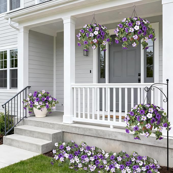 Ammyoo 4 Pcs Artificial Fake Petunia Flowers for Outdoor Decoration, Faux Silk Petunias Flower for Spring UV Resistant No Fade Realistic Plants for Garden Balcony Yard Porch Indoor Decor(Purple White)