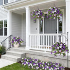 Ammyoo 4 Pcs Artificial Fake Petunia Flowers for Outdoor Decoration, Faux Silk Petunias Flower for Spring UV Resistant No Fade Realistic Plants for Garden Balcony Yard Porch Indoor Decor(Purple White)