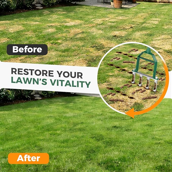 Suntee Lawn Aerator Tool, Manual Core Aerator Lawn Tool with 4 Stainless Steel Hollow Tines, Adjustable Height Semi-Assembled Heavy Duty Steel Grass Aeration for Lawn Care, Green