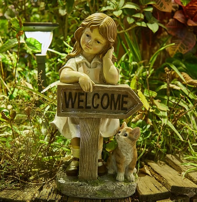 Girl Garden Statue with Solar LED Lights, Solar Girl Welcome Sign with Cat Garden Statue for Outdoor Decor, Porch, Patio, Yard Art Decorations, Polyresin 17.3 inch