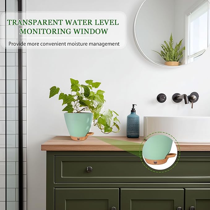 6 Inch Self Watering Pots for Indoor Plants(5-Pack) – Small Plastic Planters with Water Level Window, Drainage Holes & Detachable Trays, Indoor Outdoor Flower Pots for Herbs, Snake,Pothos (Green)