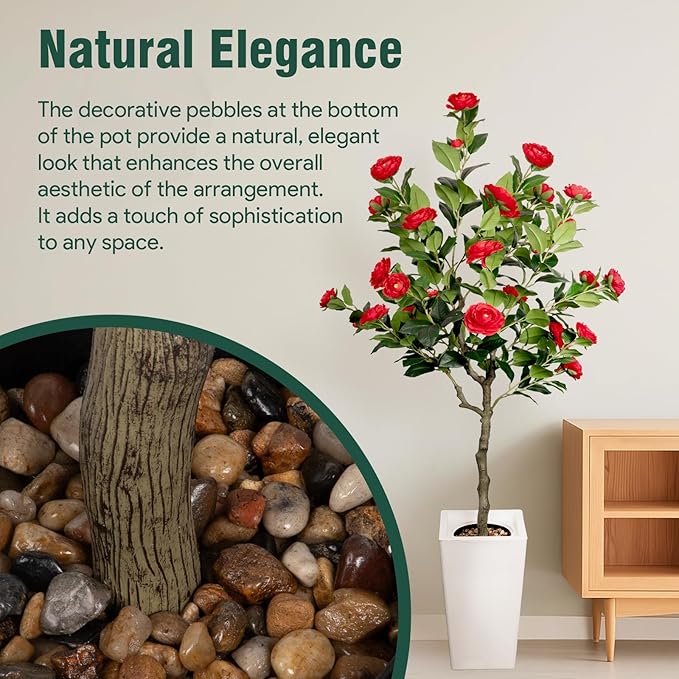 Artificial Camellia Tree 5FT, Red Flower Tree in White Pot, Faux Outdoor Indoor Plant, Christmas,Potted Artificial Flower for Home Office Housewarming Porch Decor (61'' Height)