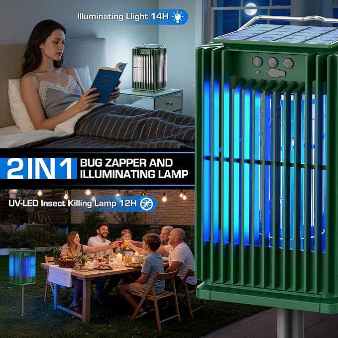 Solar Bug Zapper Outdoor, Waterproof Mosquito Zapper Type-C & Solar Powered, Auto On/Off, Cordless 4200V Electric Fly Zapper, 5000mAh Rechargeable Mosquito Trap Killer for Patio Backyard Camping
