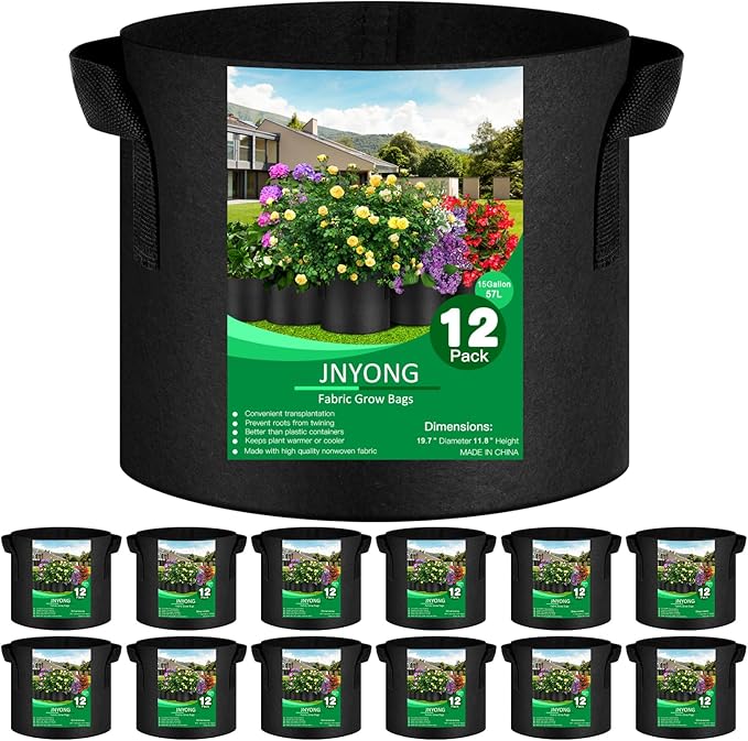 JNYONG 12-Pack 15 Gallon Thickened Non-Woven Grow Bags, Aeration Fabric Pots with Handles（Black）