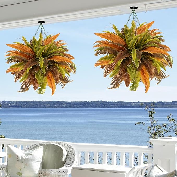 42” Artificial Boston Fern Bush Plant, 2 Faux Ferns for Outdoors Large, Fake Ferns Realistic Artificial Plants with 65 Fronds for Garden Porch Patio Home Office Living Room Decor Yellow