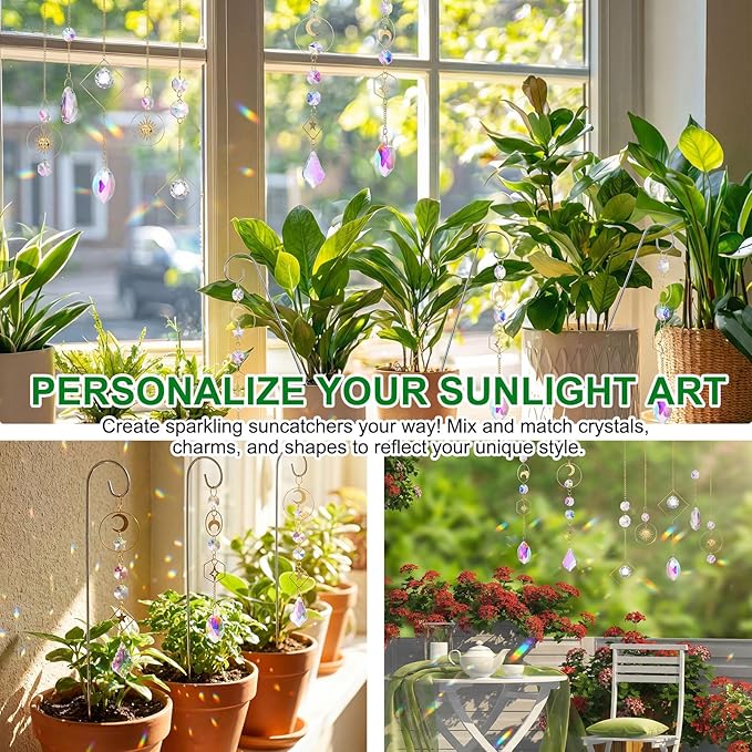 Rivvlive DIY Crystal Suncatcher Kit 400 Pcs Sun Catchers Making Supplies Kit with 3 Size Tall Trellis for Potted Plants Indoor Plant Stake Suncatcher Decoration for Indoor Windows Office Home Decor