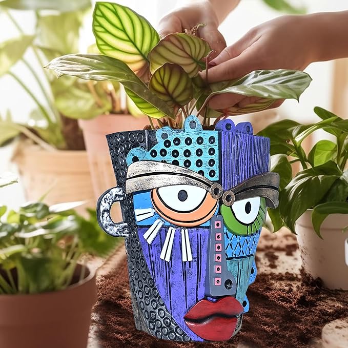 Midogaigai Abstract Face Planter Pots for Plants,Hand-Painted Colorful Flower Pots with Drainage,Indoor Outdoor Garden Decor Gift(Eclectic,Large)