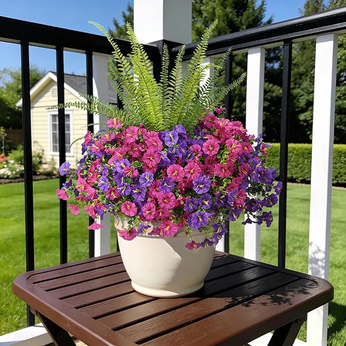 Hrobek Artificial Flowers for Outdoors Faux Plants Outside Indoor,UV Resistant Silk Fake Morning Glory Tall Ferns for Home Patio Garden Back Yard Front Porch Decor(13 Bunches,Dk. & Lt. Purple)