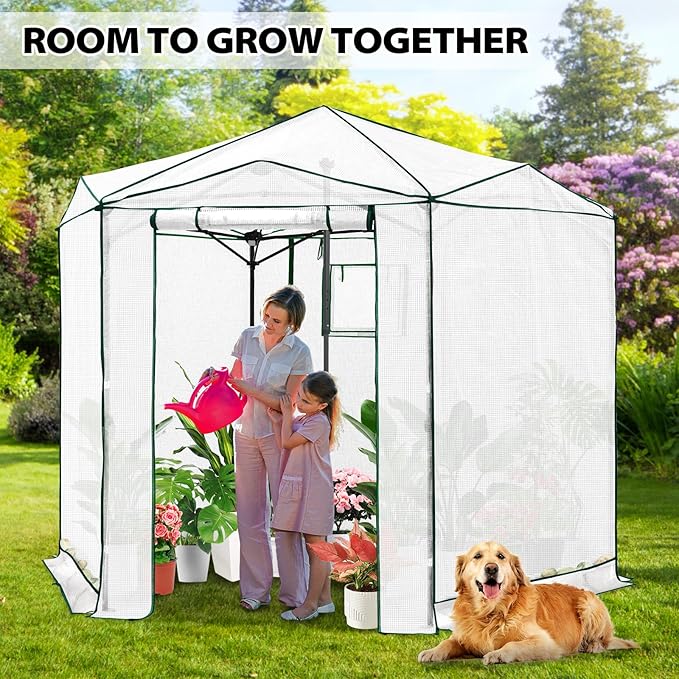 EAGLE PEAK 8.5x8.5 Portable Walk in Greenhouse, Pop Up Indoor Outdoor Greenhouse, Green House Kit with Zippered Roll-Up Doors and Windows, Hexagon Design, PE Cover, Clear/White