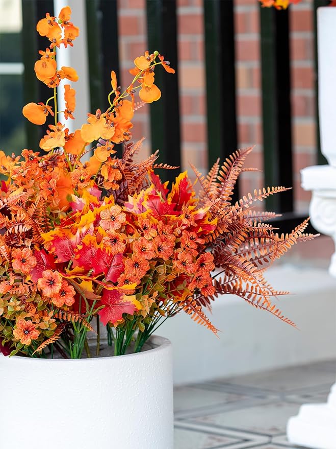 17 Bundles Artificial Fall Flowers for Outdoor Faux Fall Orchid Mums Flowers for Outside Garden Yard Window Thanksgiving Autumn Decor Fall Decorations for Home