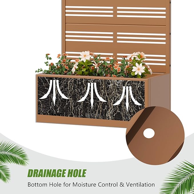 Casaphoria Metal Raised Garden Bed with Trellis, 59"x30"x12" Planter Box for Climbing Plants, Vegetables & Vines, Features Drainage Holes and Privacy Screen, Brown-Harold