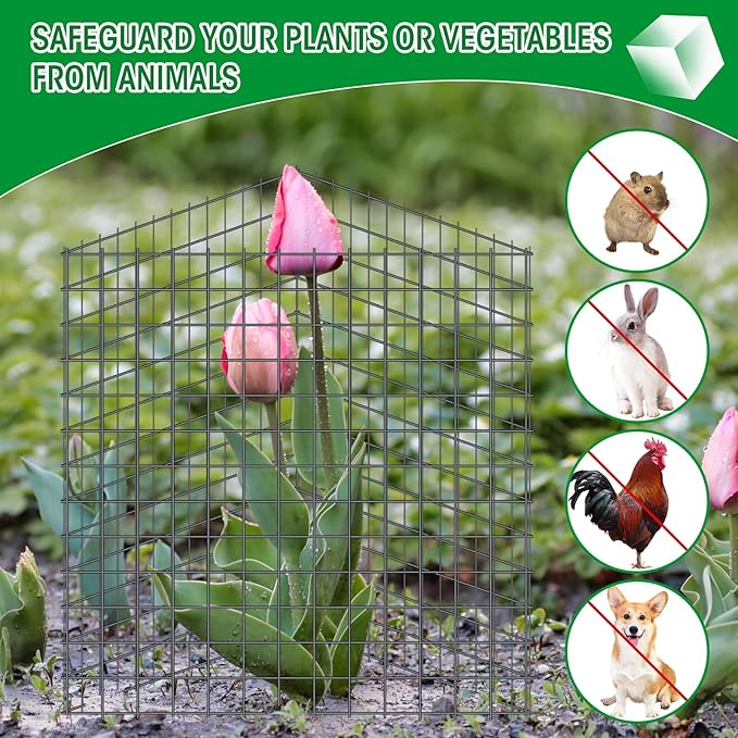 Zubebe 10 Pack Small Wire Plant Protectors Square Plant Protectors from Animals Mesh Cage Chicken Wire Cloche for Shrubs with Ground Stakes and Nylon Ties(Thickness 2mm,Dark Green)