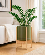 D'vine Dev Ceramic Planter with Natural Stand - 10 Inch Modern Round Flower Pot with Wood Planter Holder, Olive, 55-B-K-J