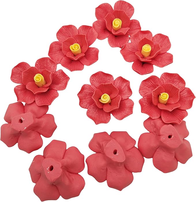 10 PCS 3D Flower Ceramic Tiles,1.6" Handmade Procelain Ceramic Flowers for Artwork,Fish Tank,Vases,Living Room, Dining Table,Office, Home Floral Decor (Double-Flowered Red)