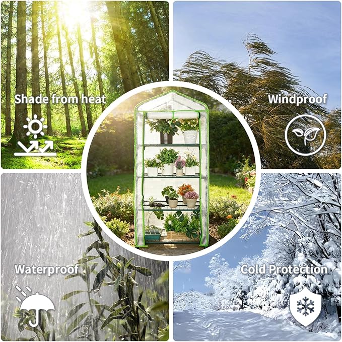 Mini Greenhouse for Indoor Outdoor, Small Plants Green House with 4 Tier Shelves, Portable Plastic Greenhouses with Durable PE Cover for Garden Backyard Patio Balcony Porch (White)