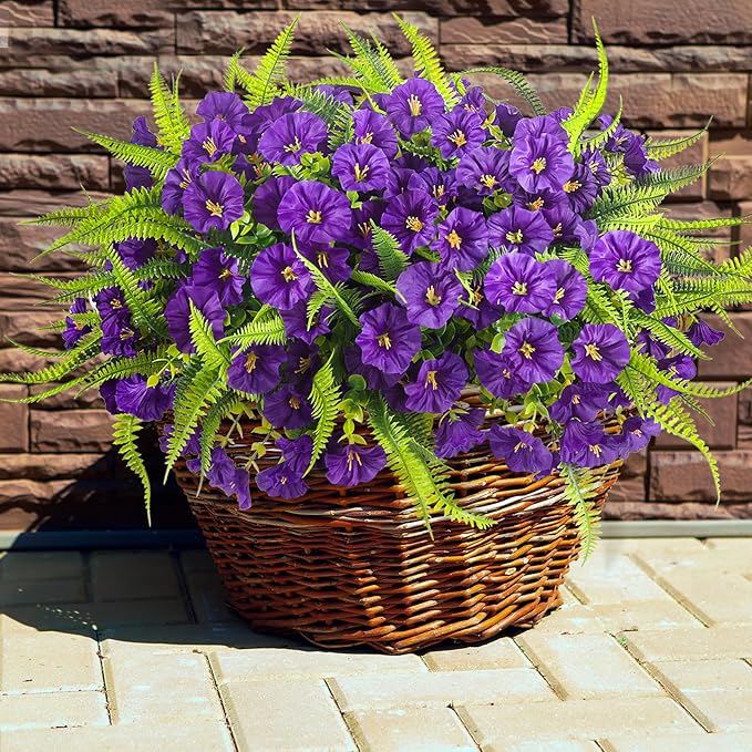 Artificial Flowers for Outdoors 12 Bundles Artificial Petunias Fake Flowers UV Resistant Shrubs Plants with Fern for Indoor Outside Hanging Planters Home Garden Summer Decorations (Purple)