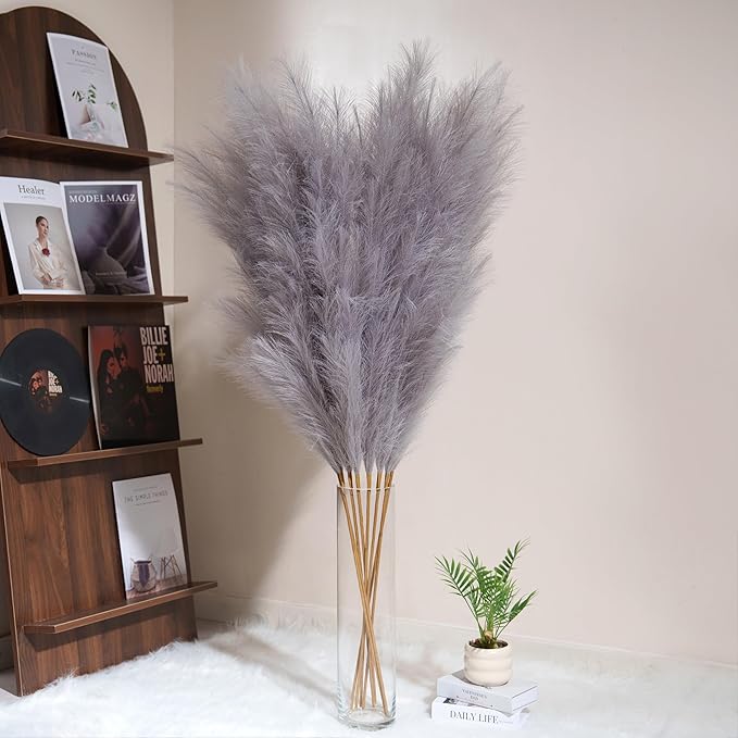 Premium Faux Grey Pampas Grass – 55" Tall Ultra-Fluffy 24-Branch One-Piece Stems No Assembly, Luxury Silk-Feel Feather Flowers for Modern Industrial Minimalist Home Decor (Charcoal, 8 Stems)