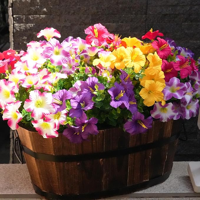 Artificial Flowers for Outdoors Fake Plants Outside Decoration, 12 Bundles Silk Petunia with Eucalyptus UV Resistant Realistic Faux Flowers for Outdoor Planters Garden Balcony (6 Color)