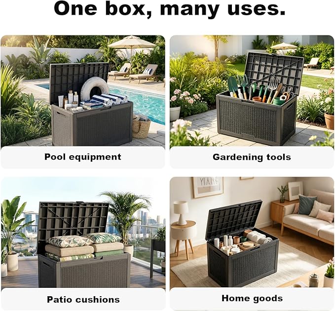 PatioZen 100 Gallon Resin Deck Box, Lockable Patio Outdoor Storage Box for Furniture, Garden Tools and Tools Storage, Waterproof Outside Storage Boxes - Black