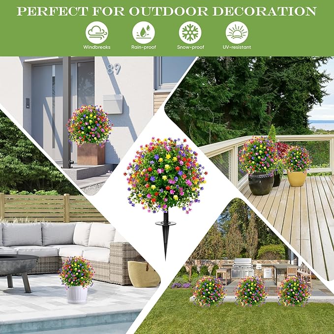 23" Artificial Topiary Boxwood Ball Trees with Ground Spike, Set of 2, UV Resistant Fake Bushes Plants with Camellia Flowers, Faux Cedar Balls Shrubs for Outdoor Indoor Front Porch Garden Decor