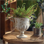Balcony Vintage Style Distressed White Metal Indoor Outdoor and Garden Planter European Retro Rustic Shabby Chic Iron Flower Pot with Handle for Home Decor