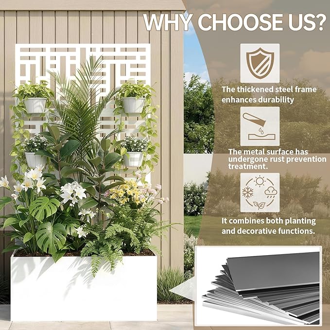 Outvita Metal Planter Box with Trellis, 71’’ x 36’’ x 16’’ Raised Garden Bed with Drainage Holes for Climbing Plants, Vegetables, Vines, Privacy Planters for Patio (White)
