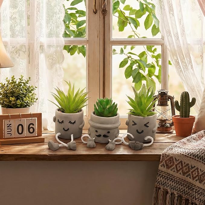 Small Fake Plants Faux Succulents in Grey Pots with Hanging Leg Potted Mini Fake Plants for Office Desk Decor Cute Artificial Succulent Plants for Home Office Desk Decor and Gift Choice - Set of 3