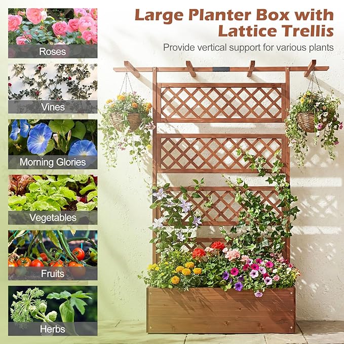 Giantex Raised Garden Bed with Trellis, 72'' Wooden Planter Box Outdoor w/Privacy Screen Roof, Large Vertical Garden Planter w/Drainage Holes for Climbing Plants, Patio Balcony Backyard