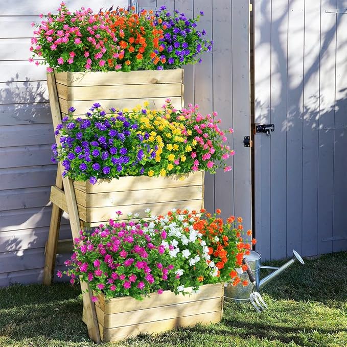 24 Bundles Outdoor Artificial Flowers UV Resistant Fake Boxwood Plants, Faux Greenery for Indoor Outside Hanging Plants Garden Porch Window Box Home Wedding Farmhouse Décor (Mix Color)