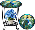 Outdoor Side Table Round Small Mosaic Patio Accent Indoor End Plant Coffee Tea Table for Yard Patio Porch Garden Living Room, Bedroom(Peacock Style,12 Inch)