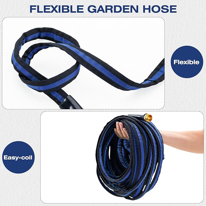 Ultra Lightweight 50FT Garden Hose - Heavy-Duty Kink-Free Flexible Hose, Non-Expanding Design with Aluminum Brass Fittings, Crush-Proof for Yard/Lawn/Outdoor Use(black-blue, 50 FT)