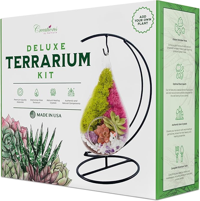 Creations by Nathalie DIY 7" DIY Teardrop Terrarium Kit - Build Your Own Glass Terrarium for Adults & Teens with Moss, Crystals, Tools & Decor - Handcrafted in the USA (Live Plant Included)