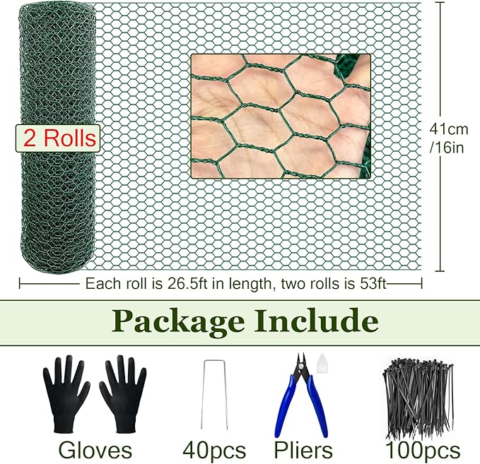 53Ft x16In Plant Protectors from Animals, Heavy-Gauge Plant Cages for Outdoor Plants with Pliers,Stakes, Rabbit Plant Cage, Wire Plant Protector(26.5Ft x 16In,2 Packs)